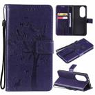For Huawei P50 Pro Tree & Cat Pattern Pressed Printing Horizontal Flip PU Leather Case with Holder & Card Slots & Wallet & Lanyard(Purple) - 1