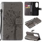 For Huawei P50 Pro Tree & Cat Pattern Pressed Printing Horizontal Flip PU Leather Case with Holder & Card Slots & Wallet & Lanyard(Grey) - 1