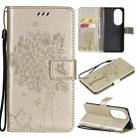 For Huawei P50 Pro Tree & Cat Pattern Pressed Printing Horizontal Flip PU Leather Case with Holder & Card Slots & Wallet & Lanyard(Gold) - 1