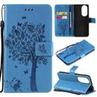 For Huawei P50 Tree & Cat Pattern Pressed Printing Horizontal Flip PU Leather Case with Holder & Card Slots & Wallet & Lanyard(Blue) - 1