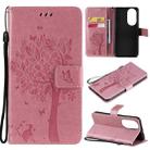 For Huawei P50 Tree & Cat Pattern Pressed Printing Horizontal Flip PU Leather Case with Holder & Card Slots & Wallet & Lanyard(Pink) - 1