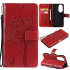 For Huawei P50 Tree & Cat Pattern Pressed Printing Horizontal Flip PU Leather Case with Holder & Card Slots & Wallet & Lanyard(Red) - 1