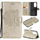 For Huawei P50 Tree & Cat Pattern Pressed Printing Horizontal Flip PU Leather Case with Holder & Card Slots & Wallet & Lanyard(Gold) - 1