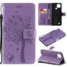 For OPPO Realme C21 / C20 Tree & Cat Pattern Pressed Printing Horizontal Flip PU Leather Case with Holder & Card Slots & Wallet & Lanyard(Light Purple) - 1