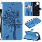 For OPPO Realme C21 / C20 Tree & Cat Pattern Pressed Printing Horizontal Flip PU Leather Case with Holder & Card Slots & Wallet & Lanyard(Blue) - 1