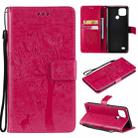 For OPPO Realme C21 / C20 Tree & Cat Pattern Pressed Printing Horizontal Flip PU Leather Case with Holder & Card Slots & Wallet & Lanyard(Rose Red) - 1