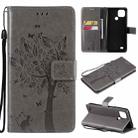 For OPPO Realme C21 / C20 Tree & Cat Pattern Pressed Printing Horizontal Flip PU Leather Case with Holder & Card Slots & Wallet & Lanyard(Grey) - 1