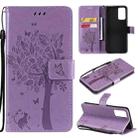 For OPPO Reno6 5G Tree & Cat Pattern Pressed Printing Horizontal Flip PU Leather Case with Holder & Card Slots & Wallet & Lanyard(Light Purple) - 1