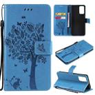 For OPPO Reno6 5G Tree & Cat Pattern Pressed Printing Horizontal Flip PU Leather Case with Holder & Card Slots & Wallet & Lanyard(Blue) - 1