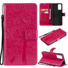 For OPPO Reno6 5G Tree & Cat Pattern Pressed Printing Horizontal Flip PU Leather Case with Holder & Card Slots & Wallet & Lanyard(Rose Red) - 1