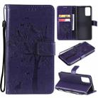 For OPPO Reno6 5G Tree & Cat Pattern Pressed Printing Horizontal Flip PU Leather Case with Holder & Card Slots & Wallet & Lanyard(Purple) - 1