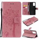 For OPPO Reno6 5G Tree & Cat Pattern Pressed Printing Horizontal Flip PU Leather Case with Holder & Card Slots & Wallet & Lanyard(Pink) - 1