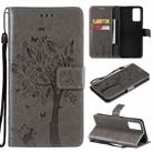 For OPPO Reno6 5G Tree & Cat Pattern Pressed Printing Horizontal Flip PU Leather Case with Holder & Card Slots & Wallet & Lanyard(Grey) - 1