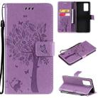 For OPPO Reno6 Pro 5G Tree & Cat Pattern Pressed Printing Horizontal Flip PU Leather Case with Holder & Card Slots & Wallet & Lanyard(Light Purple) - 1