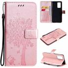 For OPPO Reno6 Pro 5G Tree & Cat Pattern Pressed Printing Horizontal Flip PU Leather Case with Holder & Card Slots & Wallet & Lanyard(Rose Gold) - 1