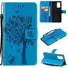 For OPPO Reno6 Pro 5G Tree & Cat Pattern Pressed Printing Horizontal Flip PU Leather Case with Holder & Card Slots & Wallet & Lanyard(Blue) - 1