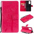 For OPPO Reno6 Pro 5G Tree & Cat Pattern Pressed Printing Horizontal Flip PU Leather Case with Holder & Card Slots & Wallet & Lanyard(Rose Red) - 1