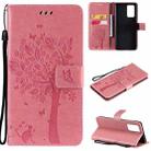 For OPPO Reno6 Pro 5G Tree & Cat Pattern Pressed Printing Horizontal Flip PU Leather Case with Holder & Card Slots & Wallet & Lanyard(Pink) - 1