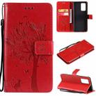 For OPPO Reno6 Pro 5G Tree & Cat Pattern Pressed Printing Horizontal Flip PU Leather Case with Holder & Card Slots & Wallet & Lanyard(Red) - 1