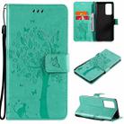 For OPPO Reno6 Pro+ 5G Tree & Cat Pattern Pressed Printing Horizontal Flip PU Leather Case with Holder & Card Slots & Wallet & Lanyard(Green) - 1