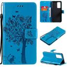 For OPPO Reno6 Pro+ 5G Tree & Cat Pattern Pressed Printing Horizontal Flip PU Leather Case with Holder & Card Slots & Wallet & Lanyard(Blue) - 1