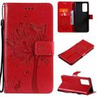 For OPPO Reno6 Pro+ 5G Tree & Cat Pattern Pressed Printing Horizontal Flip PU Leather Case with Holder & Card Slots & Wallet & Lanyard(Red) - 1