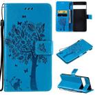 For Google Pixel 6 Pro Tree & Cat Embossed Pattern Horizontal Flip Leather Case with Holder & Card Slots & Wallet & Lanyard(Blue) - 1