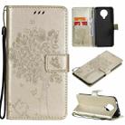 For Nokia 6.3 Tree & Cat Pattern Pressed Printing Horizontal Flip PU Leather Case with Holder & Card Slots & Wallet & Lanyard(Gold) - 1