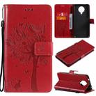For Nokia 6.3 Tree & Cat Pattern Pressed Printing Horizontal Flip PU Leather Case with Holder & Card Slots & Wallet & Lanyard(Red) - 1
