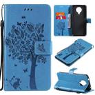 For Nokia 6.3 Tree & Cat Pattern Pressed Printing Horizontal Flip PU Leather Case with Holder & Card Slots & Wallet & Lanyard(Blue) - 1