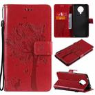 For Nokia G20 Tree & Cat Pattern Pressed Printing Horizontal Flip PU Leather Case with Holder & Card Slots & Wallet & Lanyard(Red) - 1