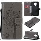 For Nokia G20 Tree & Cat Pattern Pressed Printing Horizontal Flip PU Leather Case with Holder & Card Slots & Wallet & Lanyard(Gray) - 1