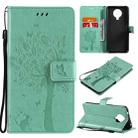 For Nokia G20 Tree & Cat Pattern Pressed Printing Horizontal Flip PU Leather Case with Holder & Card Slots & Wallet & Lanyard(Green) - 1