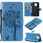 For Nokia G10 Tree & Cat Pattern Pressed Printing Horizontal Flip PU Leather Case with Holder & Card Slots & Wallet & Lanyard(Blue) - 1