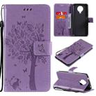 For Nokia G10 Tree & Cat Pattern Pressed Printing Horizontal Flip PU Leather Case with Holder & Card Slots & Wallet & Lanyard(Lavender) - 1