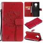 For Nokia 5.3 Tree & Cat Pattern Pressed Printing Horizontal Flip PU Leather Case with Holder & Card Slots & Wallet & Lanyard(Red) - 1