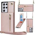 For Samsung Galaxy S21 Ultra 5G Cross-body Zipper Square TPU+PU Back Cover Case with Holder & Card Slots & Wallet & Strap(Rose Gold) - 1