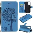 For vivo V21 Tree & Cat Embossing Pattern Horizontal Flip PU Leather Case with Holder & Card Slots & Wallet & Lanyard(Blue) - 1