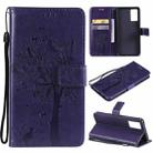 For vivo V21 Tree & Cat Embossing Pattern Horizontal Flip PU Leather Case with Holder & Card Slots & Wallet & Lanyard(Purple) - 1