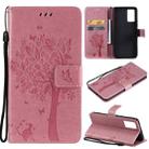 For vivo V21 Tree & Cat Embossing Pattern Horizontal Flip PU Leather Case with Holder & Card Slots & Wallet & Lanyard(Pink) - 1
