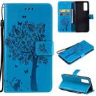 For vivo Y72 5G / iQOO Z3 Tree & Cat Embossing Pattern Horizontal Flip PU Leather Case with Holder & Card Slots & Wallet & Lanyard(Blue) - 1