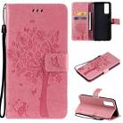 For vivo Y72 5G / iQOO Z3 Tree & Cat Embossing Pattern Horizontal Flip PU Leather Case with Holder & Card Slots & Wallet & Lanyard(Pink) - 1