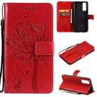 For vivo Y72 5G / iQOO Z3 Tree & Cat Embossing Pattern Horizontal Flip PU Leather Case with Holder & Card Slots & Wallet & Lanyard(Red) - 1