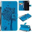 For vivo Y1s / Y90 / Y91C Tree & Cat Embossing Pattern Horizontal Flip PU Leather Case with Holder & Card Slots & Wallet & Lanyard(Blue) - 1