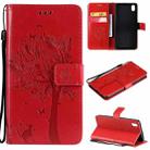 For vivo Y1s / Y90 / Y91C Tree & Cat Embossing Pattern Horizontal Flip PU Leather Case with Holder & Card Slots & Wallet & Lanyard(Red) - 1