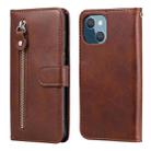 For iPhone 13 mini Fashion Calf Texture Zipper Horizontal Flip Leather Case with Stand & Card Slots & Wallet Function (Brown) - 1