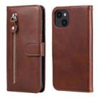 For iPhone 13 Fashion Calf Texture Zipper Horizontal Flip Leather Case with Stand & Card Slots & Wallet Function(Brown) - 1