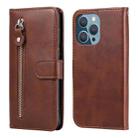 For iPhone 13 Pro Fashion Calf Texture Zipper Horizontal Flip Leather Case with Stand & Card Slots & Wallet Function (Brown) - 1