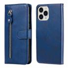 For iPhone 13 Pro Max Fashion Calf Texture Zipper Horizontal Flip Leather Case with Stand & Card Slots & Wallet Function (Blue) - 1