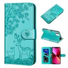 For iPhone 13 Sika Deer Embossing Pattern Horizontal Flip PU Leather Case with Holder & Card Slot & Wallet & Photo Frame(Green) - 1